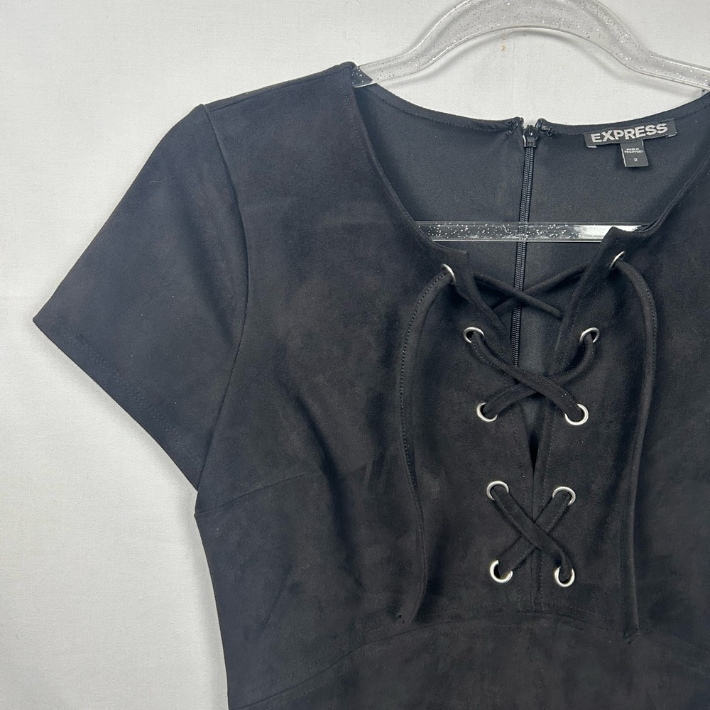 Express Black Faux-Suede Lace-Up Front Short Sleeve Mini Dress Size 2 Bohemian